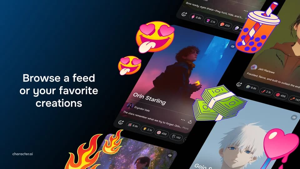 Character.AI workspace showing a feed of diverse AI character creations with a dynamic dark-mode interface.