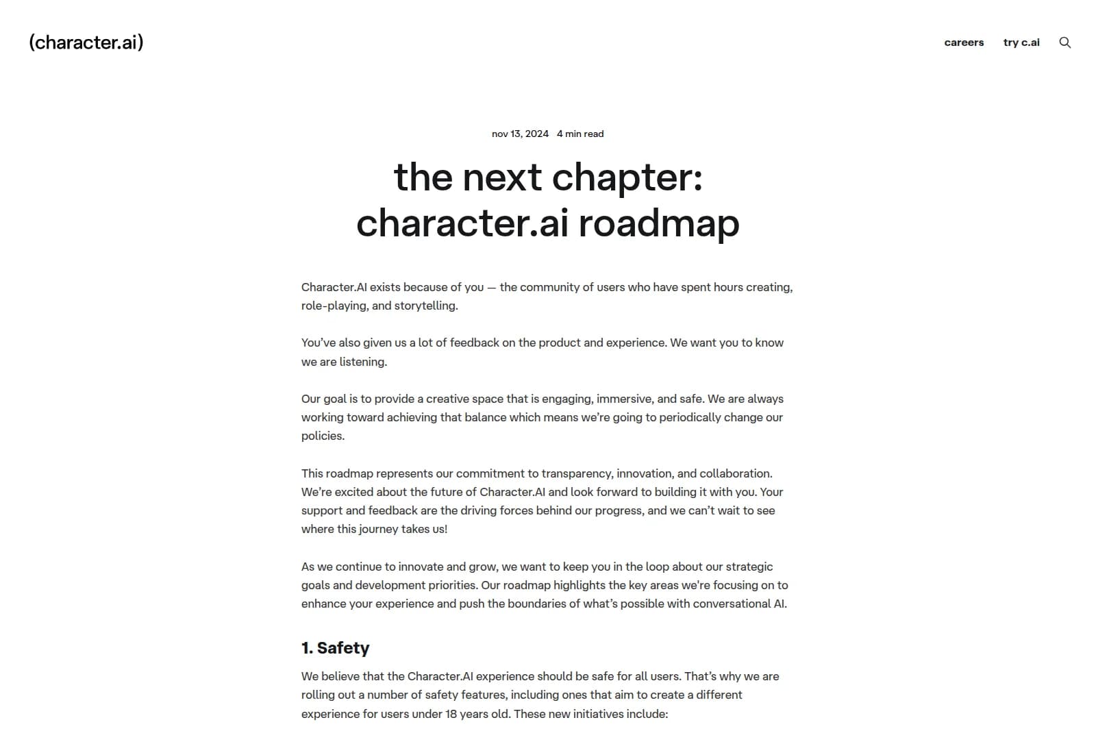 Character.AI roadmap page detailing future product development and new safety features for users.