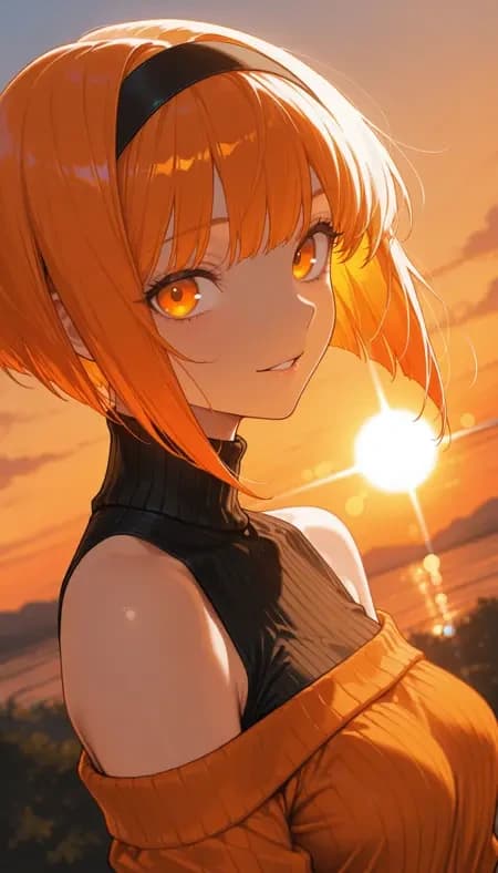 Civitai AI-generated anime character art showing an orange-haired girl with glowing eyes in a sunset scene.