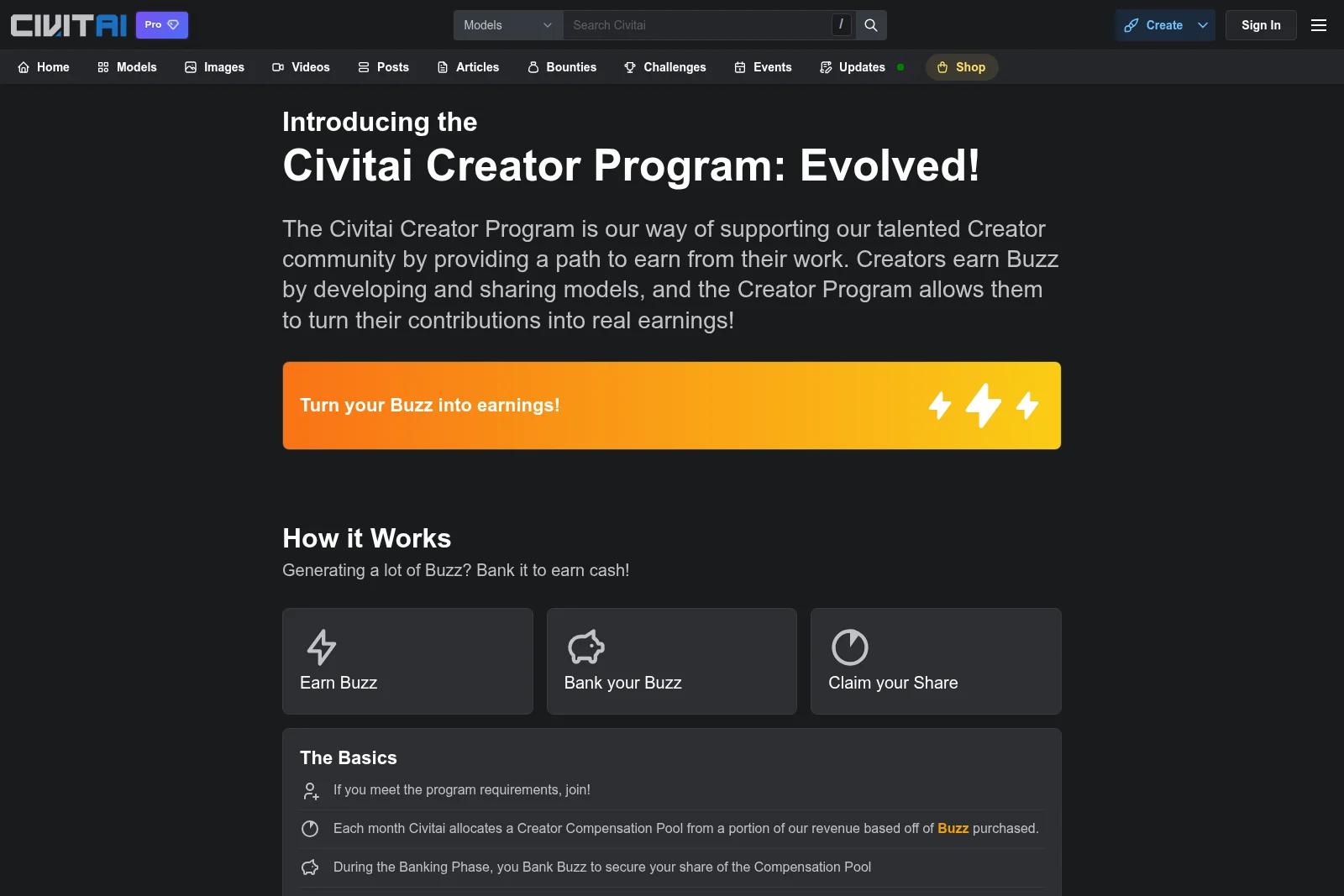 Civitai Creator Program page detailing how creators earn Buzz and convert it to real earnings, featuring a dark-mode UI with clear steps.
