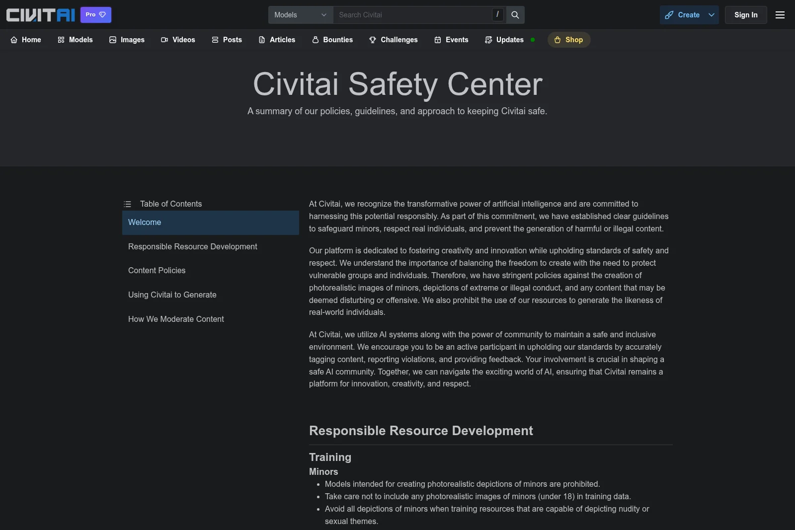 Civitai Safety Center page showing detailed policies and guidelines in a dark-mode interface.