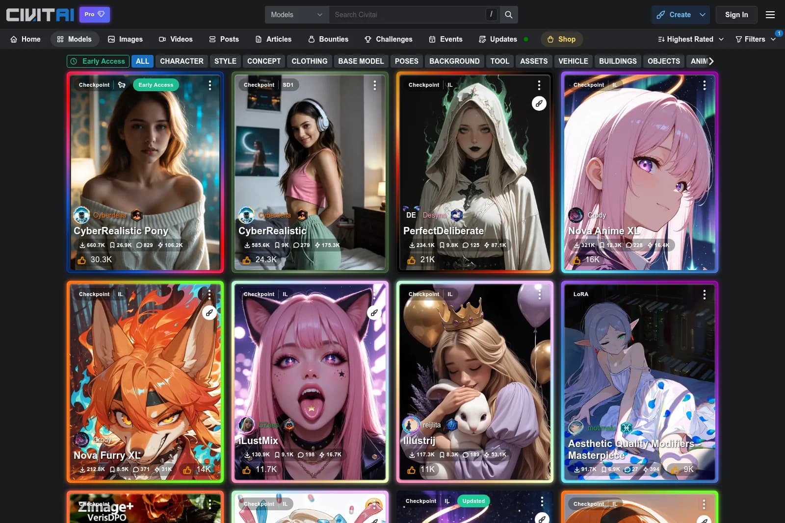 Civitai models page showing a gallery of diverse AI image generation models with a dark-mode card-based interface.