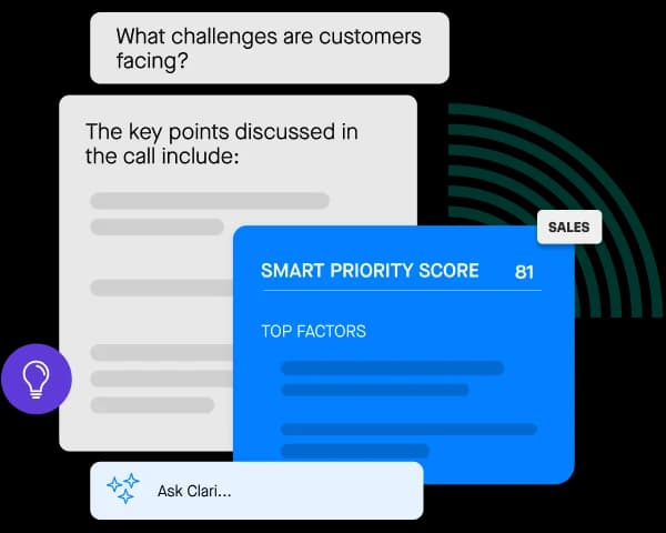 Clari workspace UI showing AI-generated call summaries and smart priority scores with a clean white and blue interface.