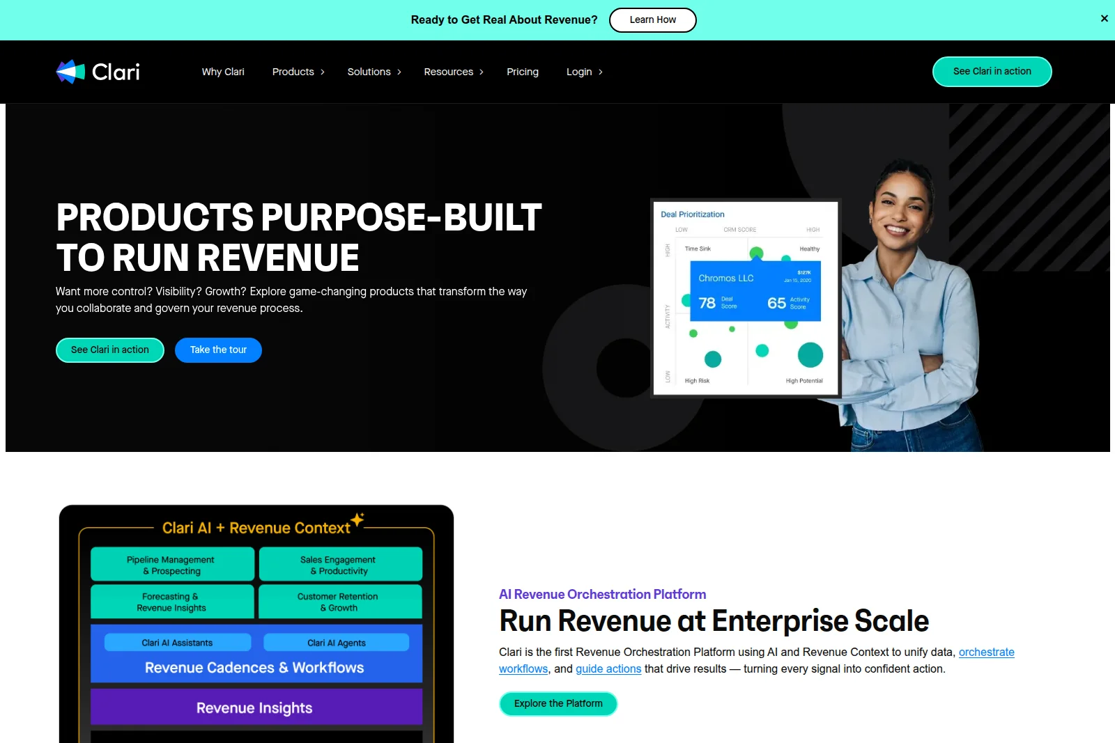 Clari Revenue Orchestration Platform showcasing AI-powered deal prioritization and workflow diagrams in a modern dark theme.
