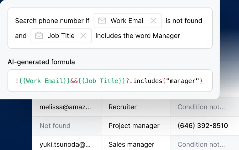 Clay workflow builder showing AI-generated formulas for conditional data searches in a clean table interface.