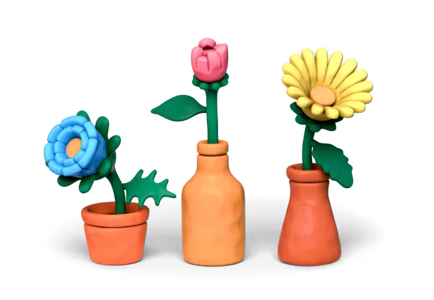 Clay digital sculpture output showing three colorful, stylized flowers in pots and vases with a smooth, playful aesthetic.