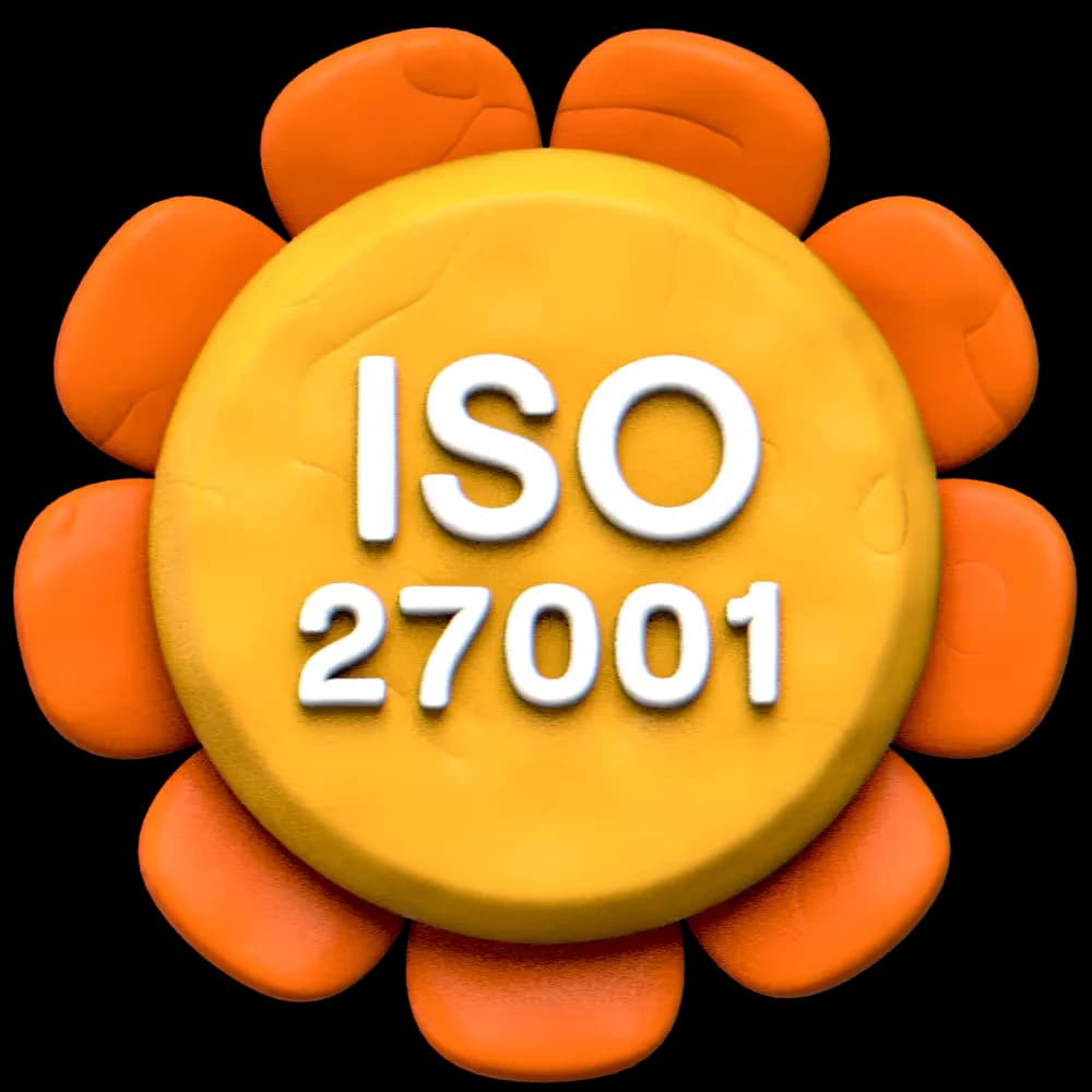clay product graphic showing an ISO 27001 certification badge in a playful 3D clay style