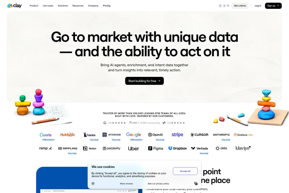 Clay homepage hero section stating 'Go to market with unique data' with a prominent cookie consent banner obstructing the lower part of the screen.