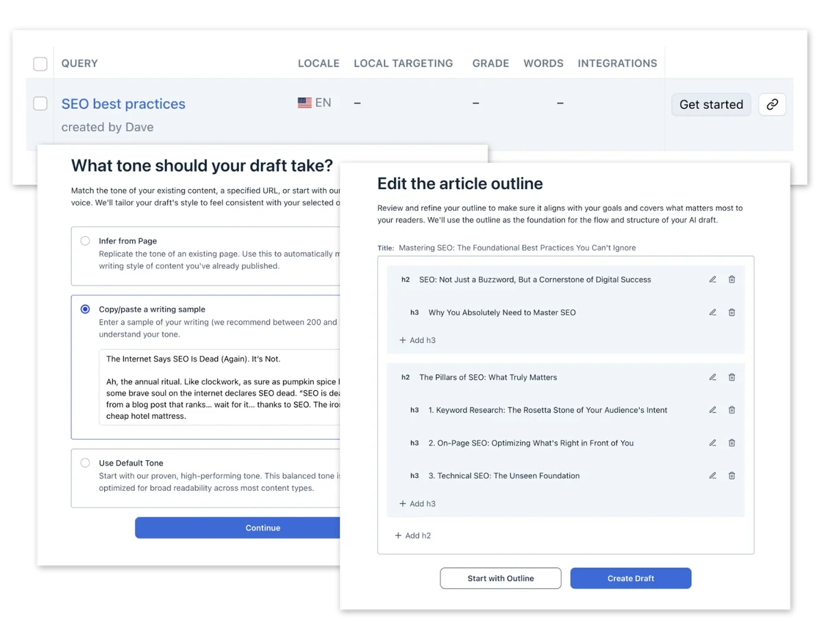 Clearscope workspace showing content tone selection and article outline editor in a clean, multi-panel interface.