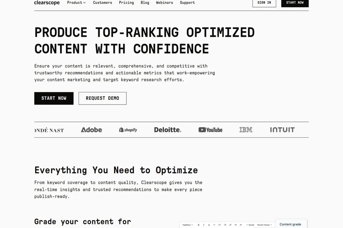 Clearscope landing page hero promoting content optimization with confidence using a clean, minimalist design.