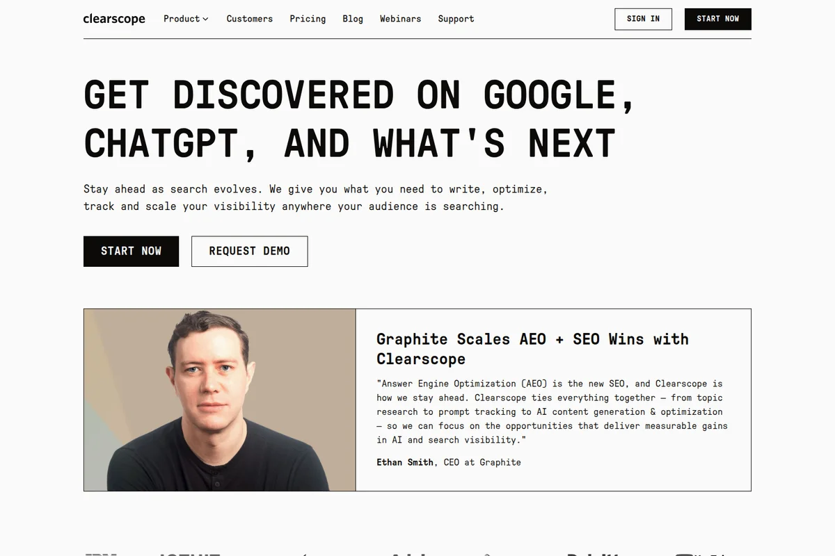 Clearscope homepage displaying its value proposition for content discovery on Google and ChatGPT with a clean, minimalist design.