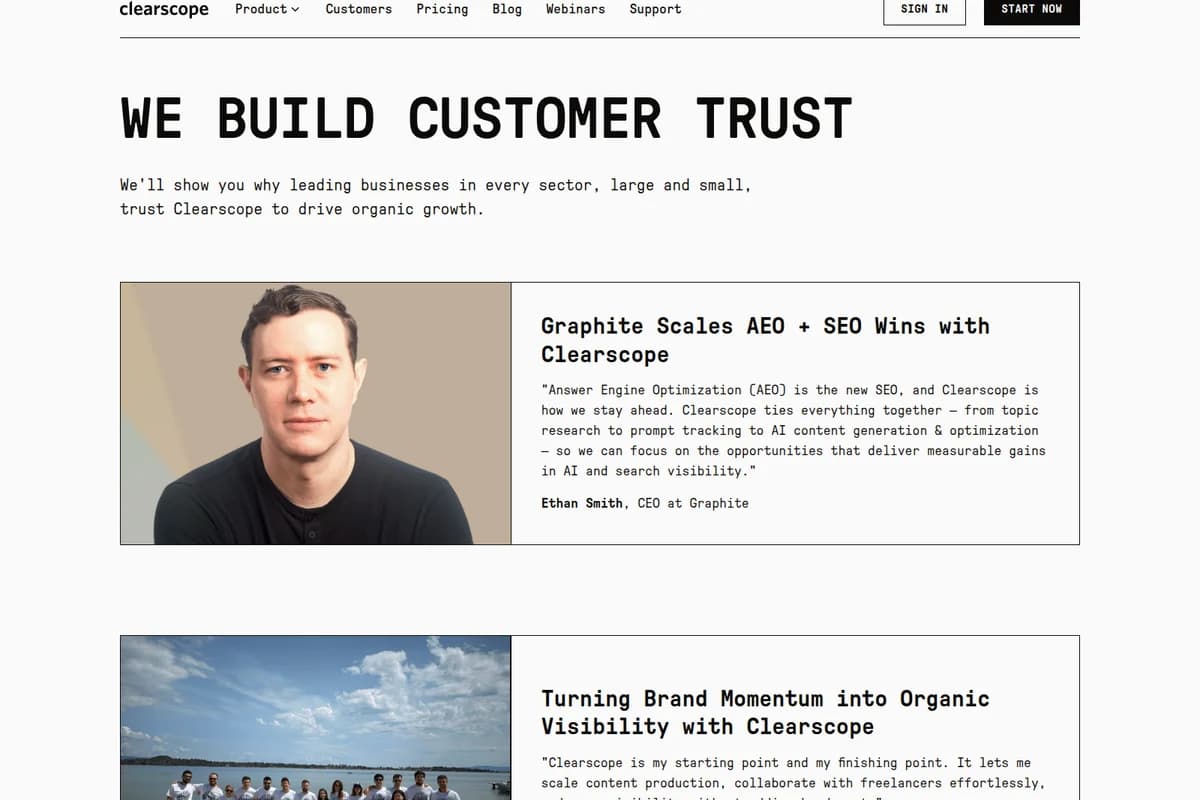 Clearscope customers page showing client testimonials and professional headshots on a modern web interface.