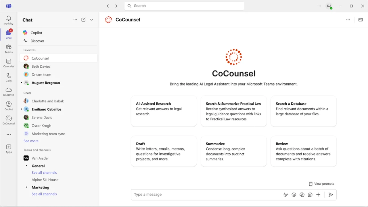 CoCounsel AI Legal Assistant workspace showing its main features integrated into Microsoft Teams with a clean, light-themed interface.