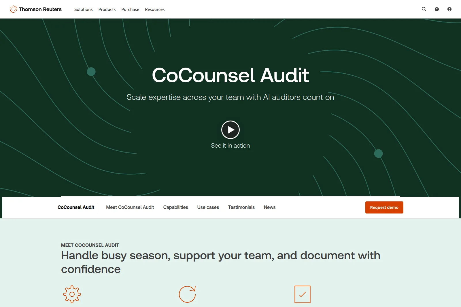 Thomson Reuters CoCounsel Audit landing page hero promoting AI auditors with a video demonstration in a modern dark green interface.