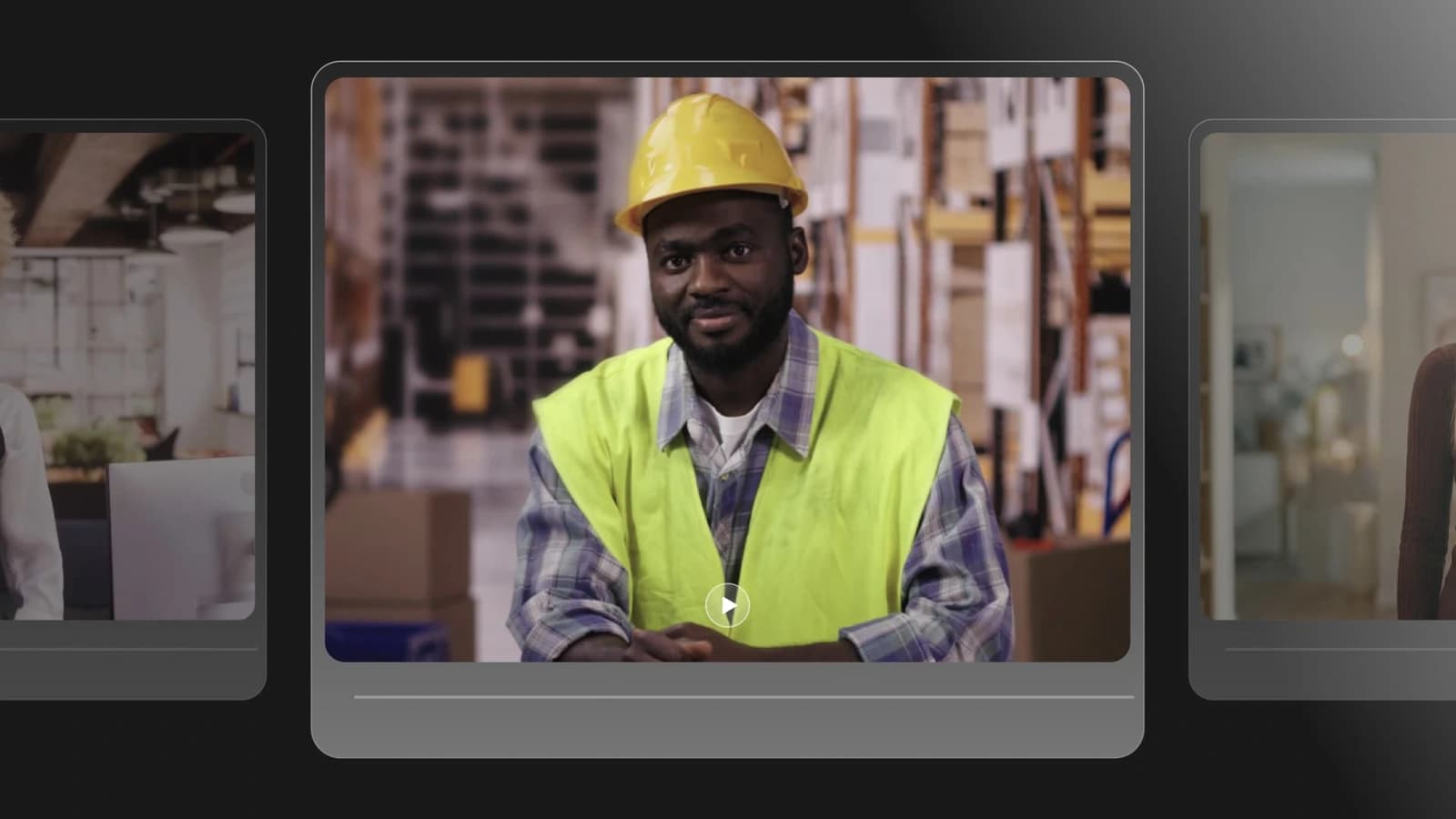 Colossyan output-sample showing an AI-generated video of a man in a hard hat and safety vest in a modern video player interface.