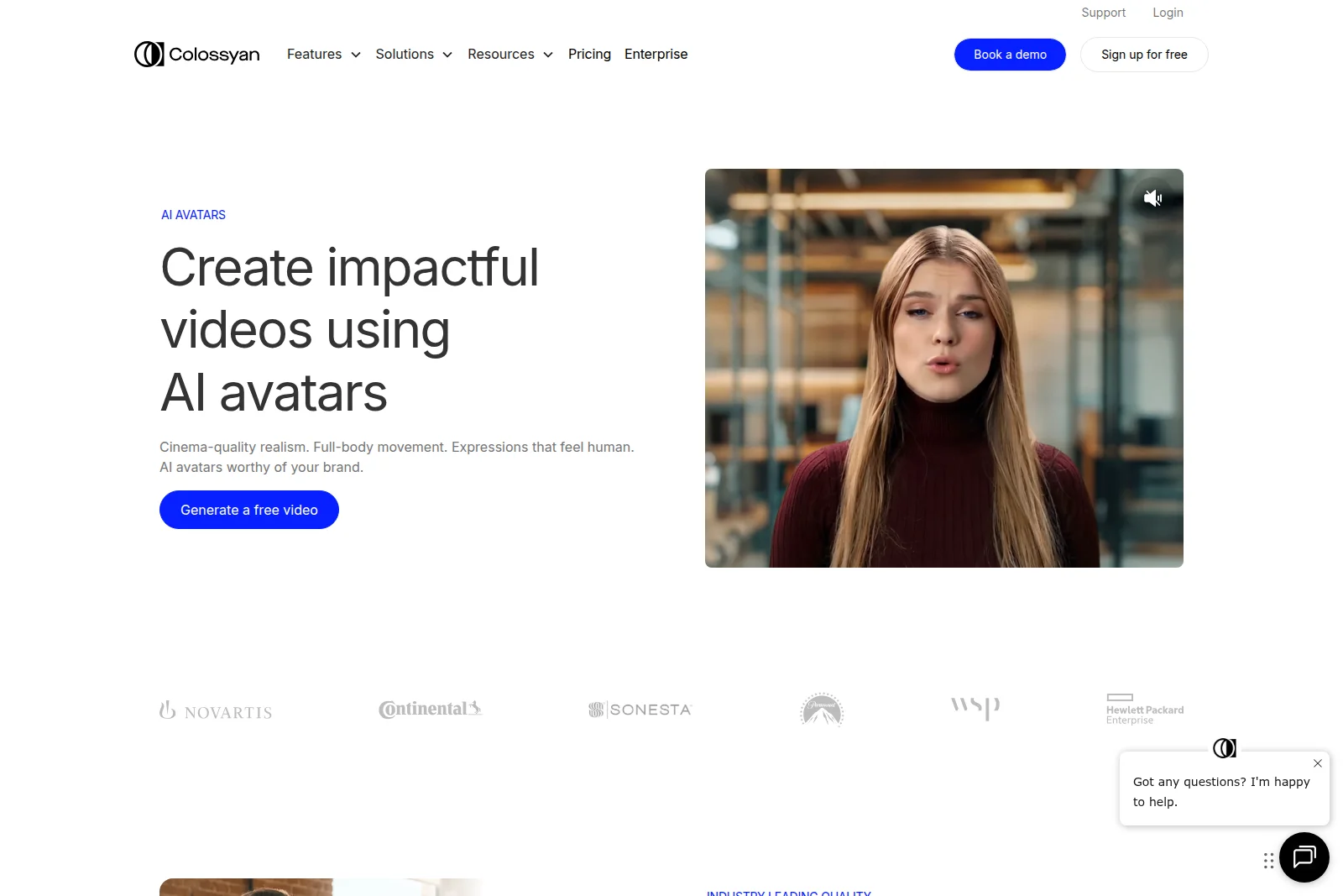 Colossyan landing page featuring an AI avatar speaking in a video player, demonstrating realistic video creation.