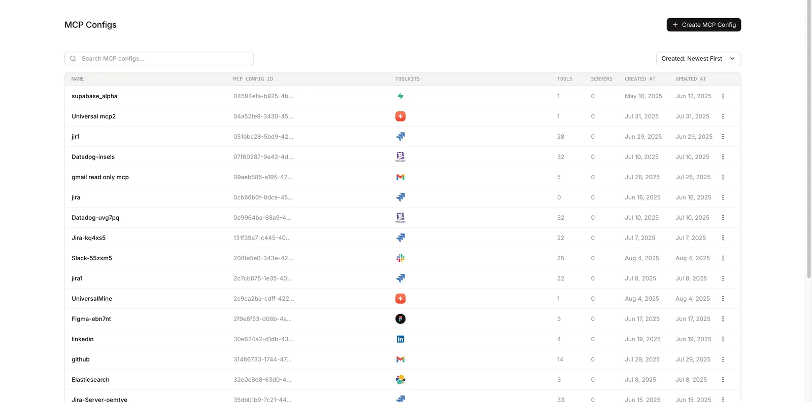 Composio workspace showing a list of MCP Configurations with a clean table interface.