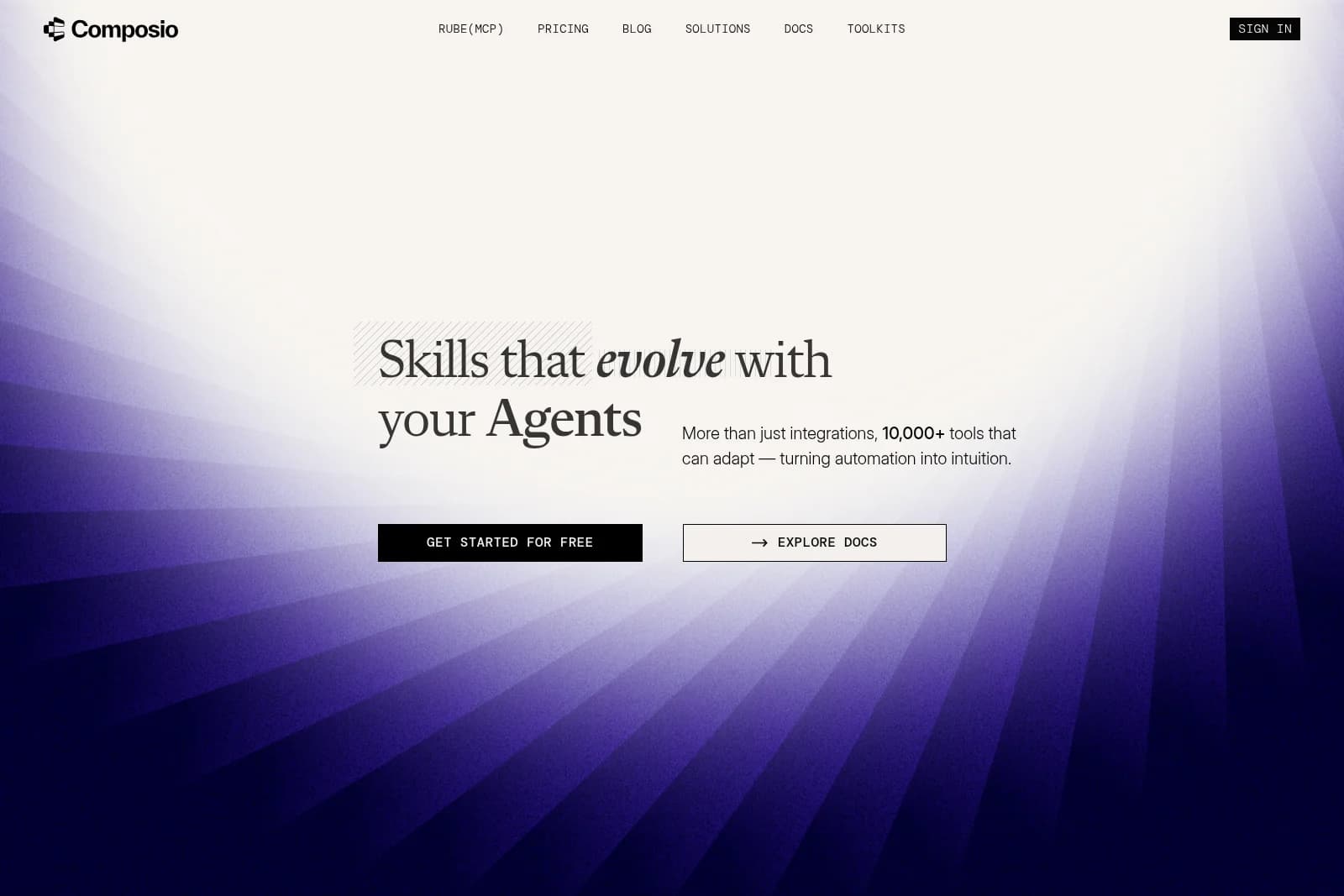 Composio homepage hero section stating 'Skills that evolve with your Agents' on a modern purple gradient background.