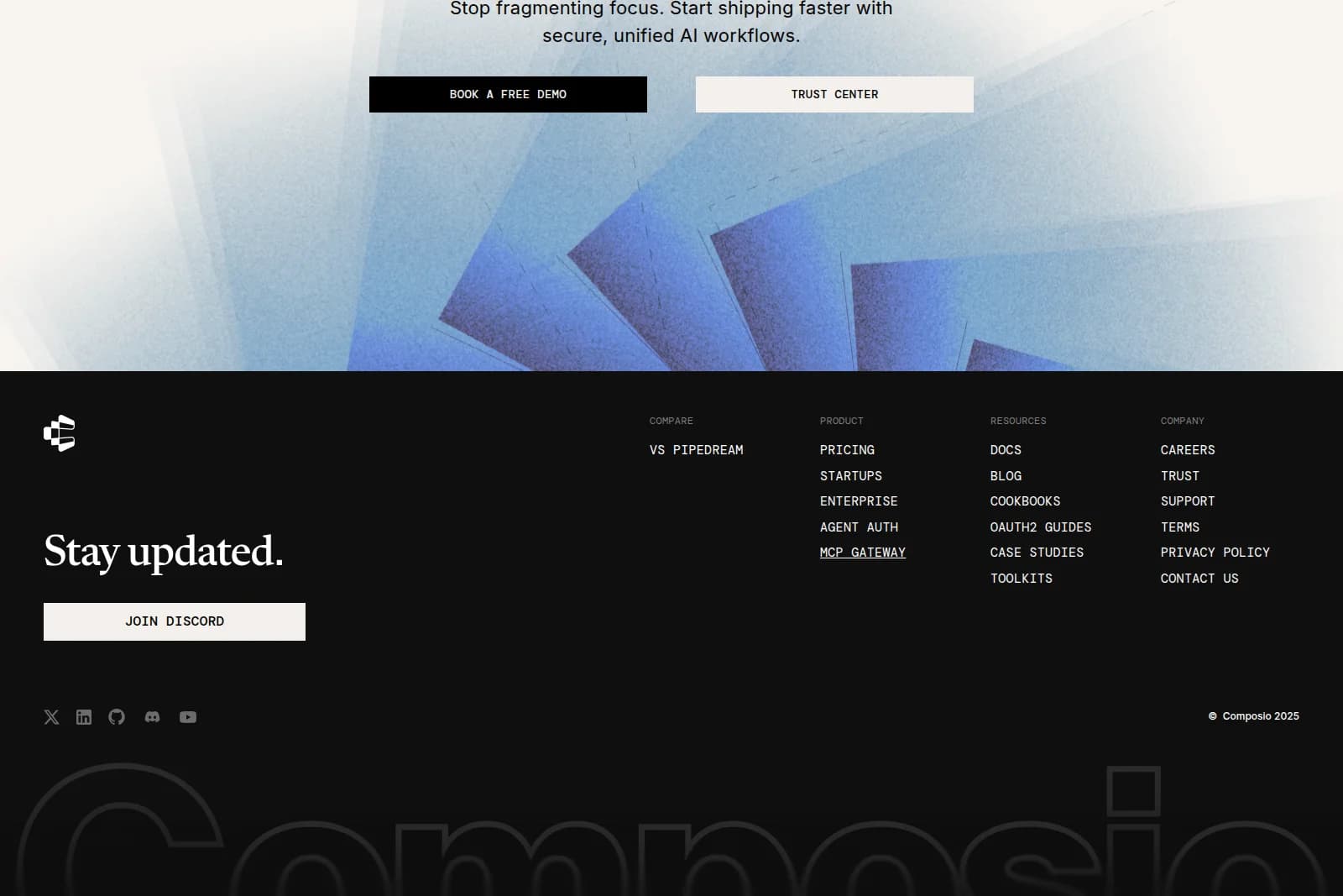 Composio marketing page featuring an AI workflow value proposition and a dark-themed footer with product and company links.