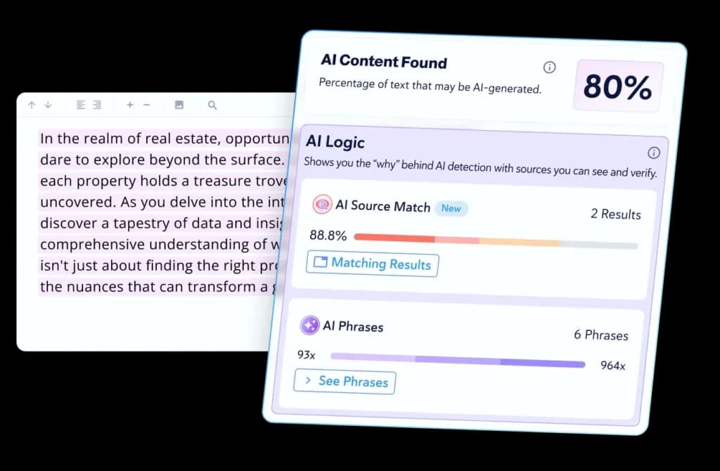 Copyleaks AI detection report showing AI-generated content percentage and detailed logic in a clean, modern interface.