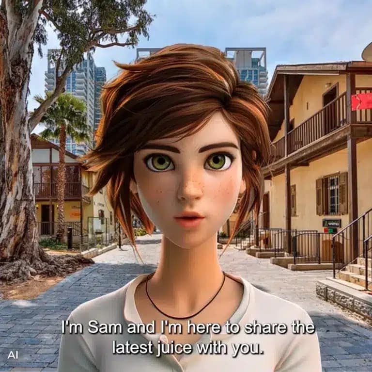 D-ID output-sample showing an AI-generated photorealistic character speaking, with text 'I'm Sam and I'm here to share the latest juice with you.'