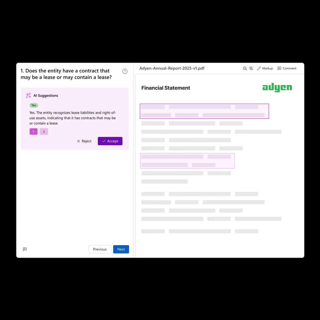 Datasnipper workspace UI showing AI document analysis and suggestion for lease contracts with a clean light theme.