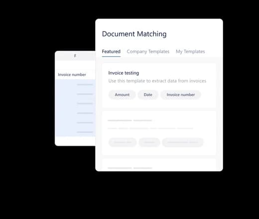 datasnipper document matching interface showing an invoice testing template with data fields like amount, date, and invoice number.