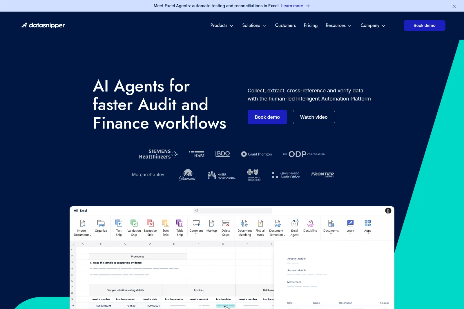 DataSnipper homepage hero showcasing AI agents for audit and finance workflows with an integrated Excel add-in for data extraction and verification.
