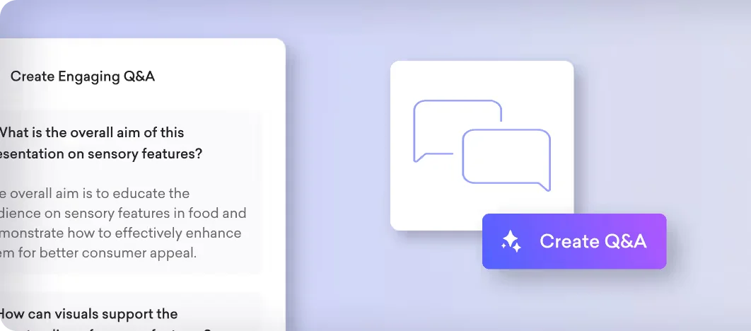 Decktopus UI demonstrating AI-powered Q&A generation, displaying example questions and answers with a clean, modern design.