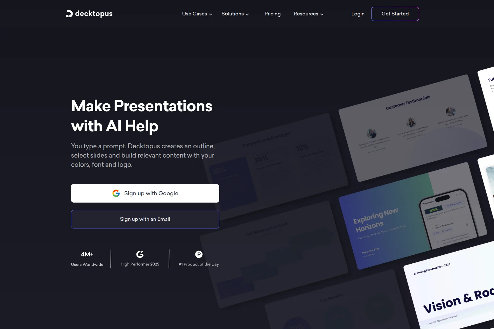 Decktopus landing page hero showcasing AI-generated presentation slides and sign-up options with a modern dark theme.