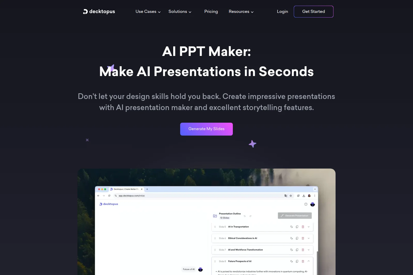 Decktopus AI PPT Maker landing page showing an AI presentation outline builder in a dark-themed hero section with an embedded light-themed workspace.