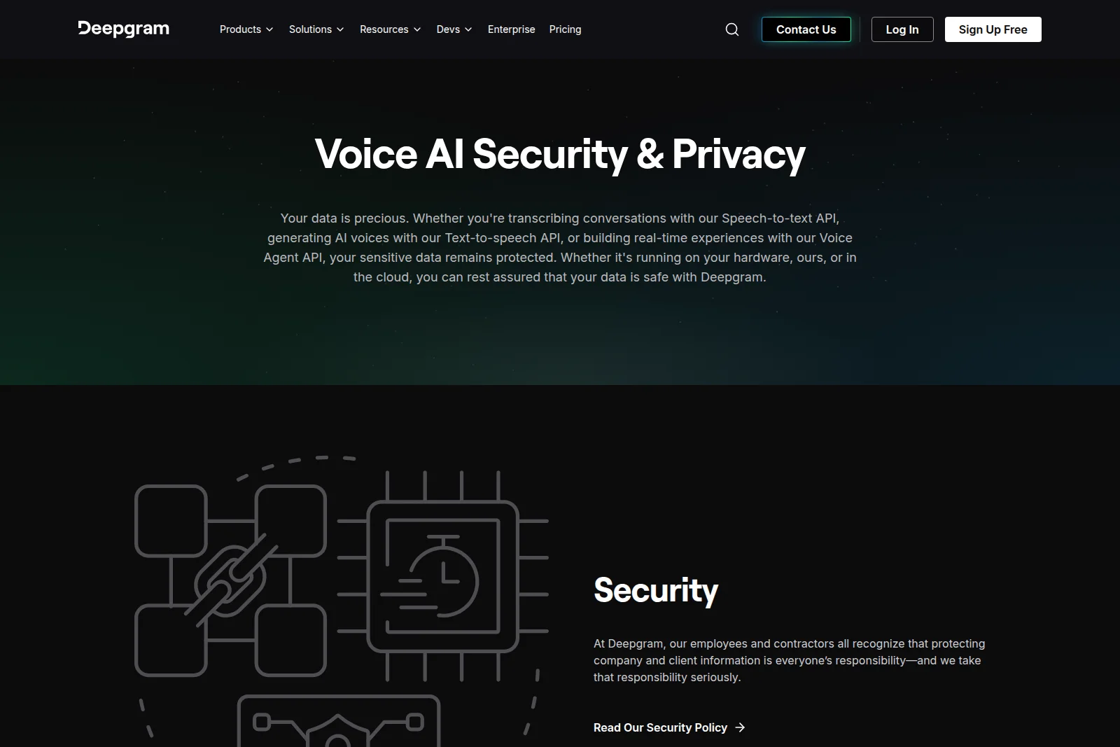 Deepgram feature-deep-dive page showcasing Voice AI Security & Privacy, with a modern dark-mode interface and a conceptual security graphic.