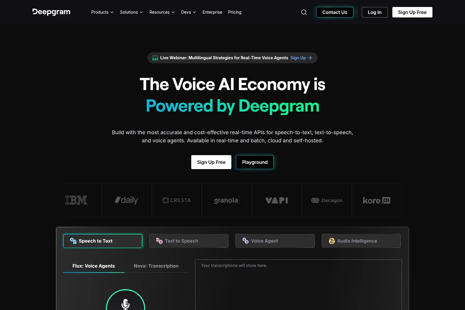 Deepgram homepage showcasing the interactive voice AI playground for real-time speech-to-text with a sleek dark-mode interface.