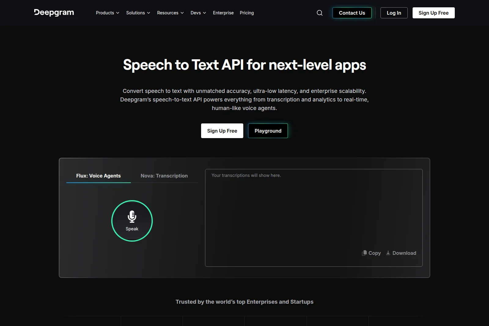 Deepgram speech-to-text playground showing real-time transcription functionality with a dark-mode interactive interface.