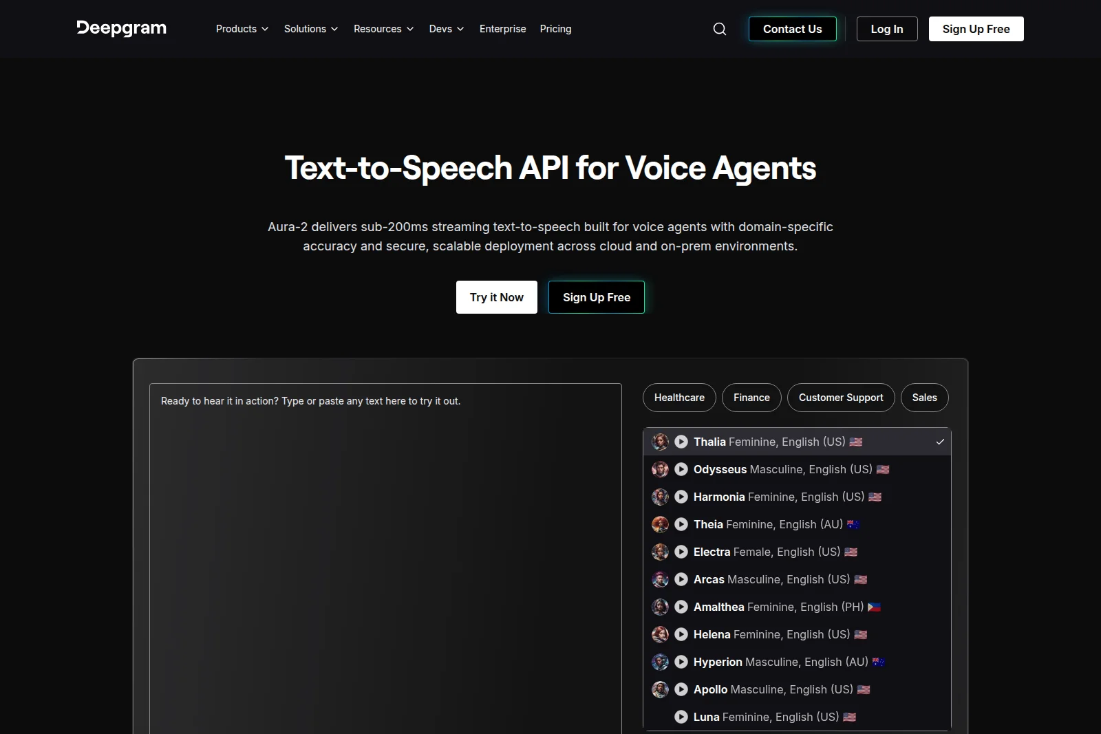 Deepgram Text-to-Speech API demo showcasing voice selection and text input with a dark-themed interface