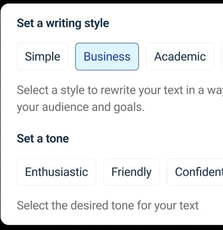 DeepL workspace showing writing style and tone selection with a clean light interface.
