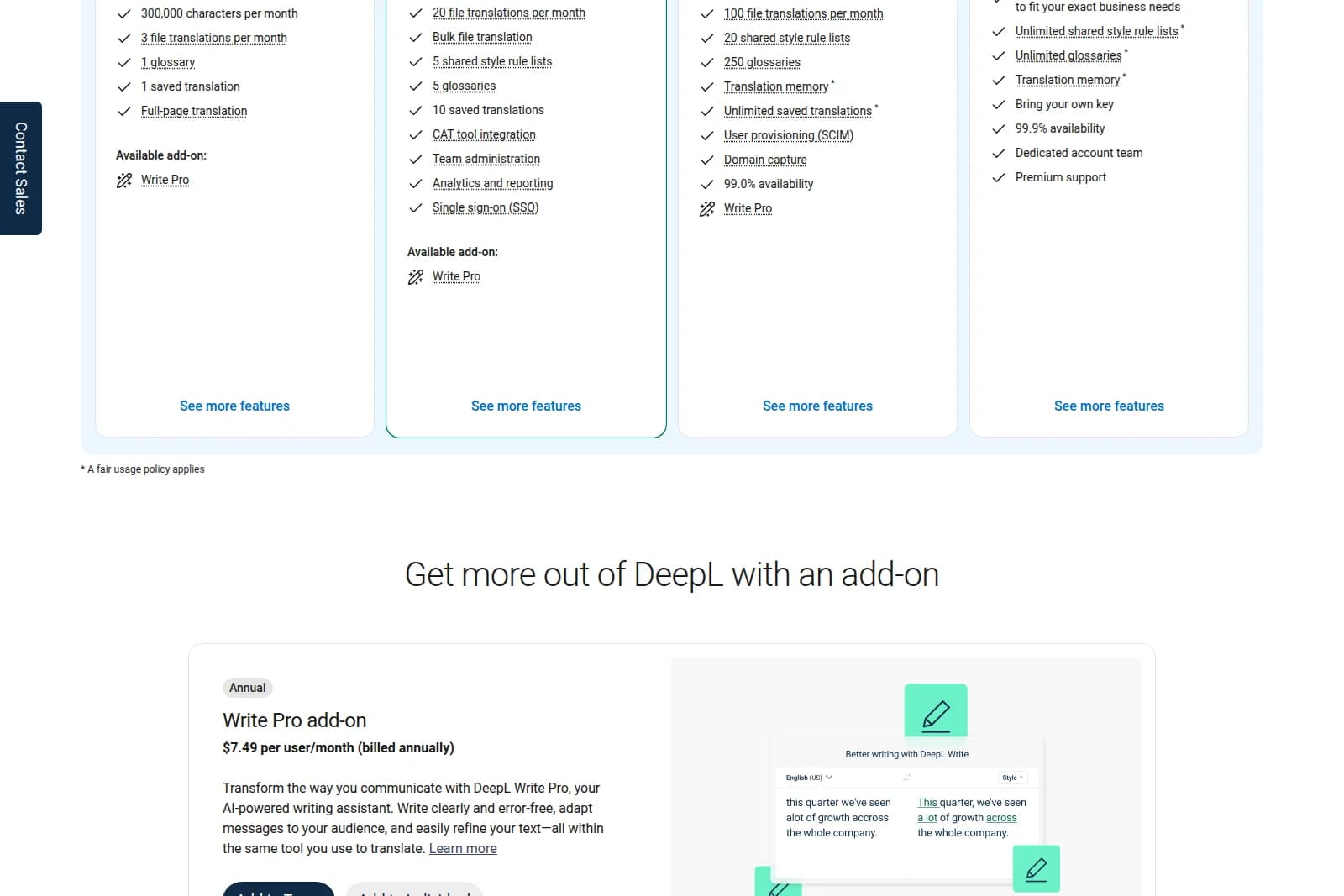 DeepL Pro page showing various subscription plan features and a demonstration of the DeepL Write Pro add-on's text correction in a clean interface.