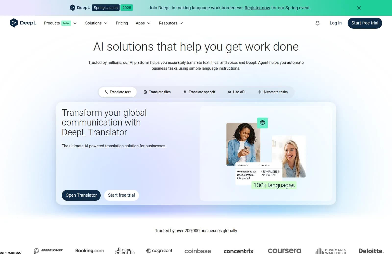 DeepL homepage showcasing AI translation capabilities with a clean, modern design and human images illustrating results.