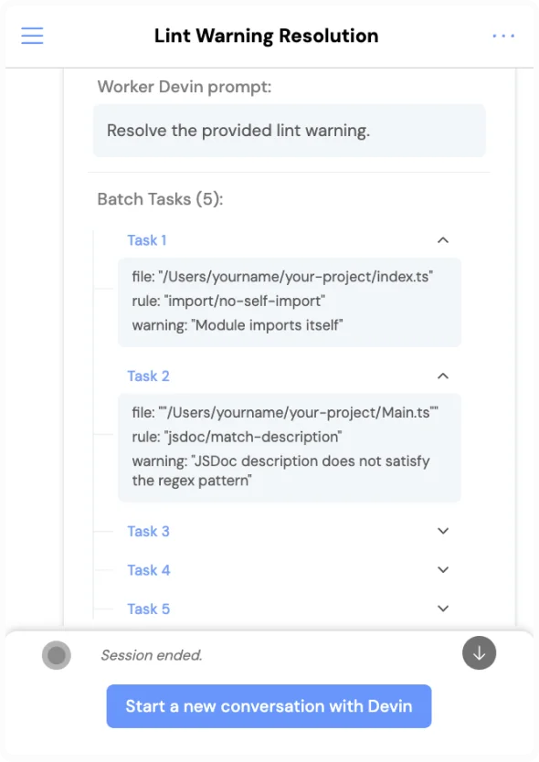 Devin lint warning resolution interface showing a batch of five tasks, including file paths and specific error rules, within a clean, modern UI.