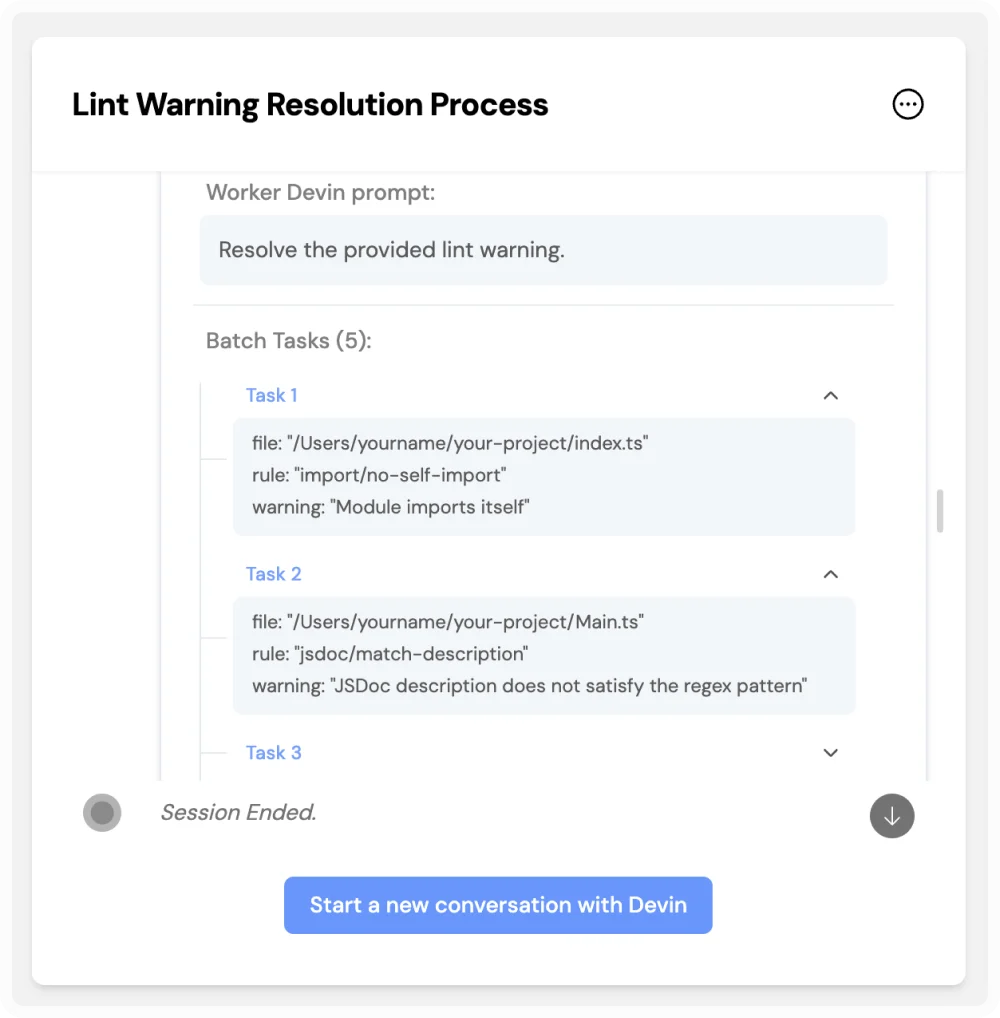 Devin AI demonstrating its lint warning resolution process, showing a prompt and batch tasks with file paths, rules, and specific warning messages in a clean, light-themed interface.
