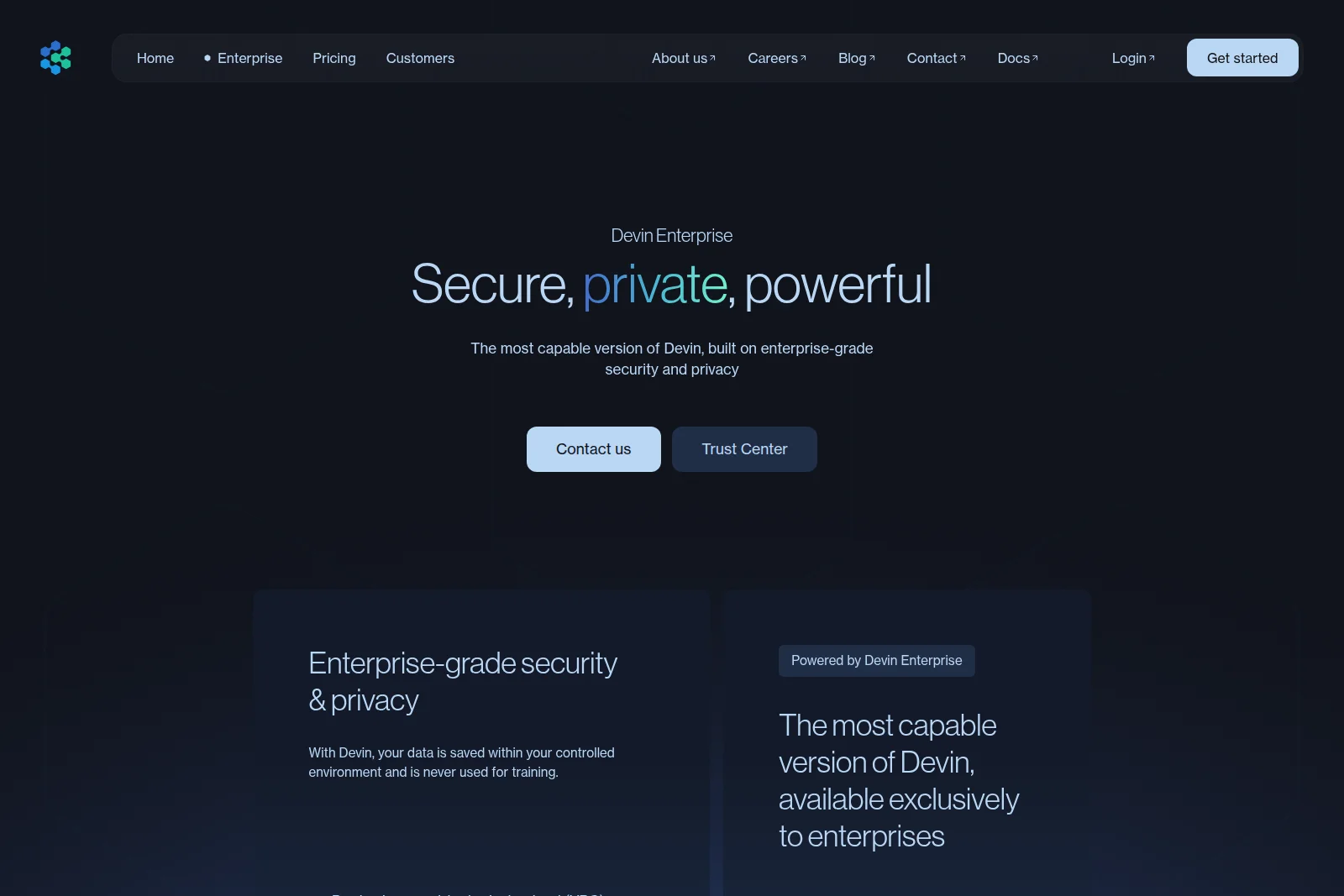 Devin Enterprise landing page highlighting secure, private, powerful features with a modern dark-mode interface.