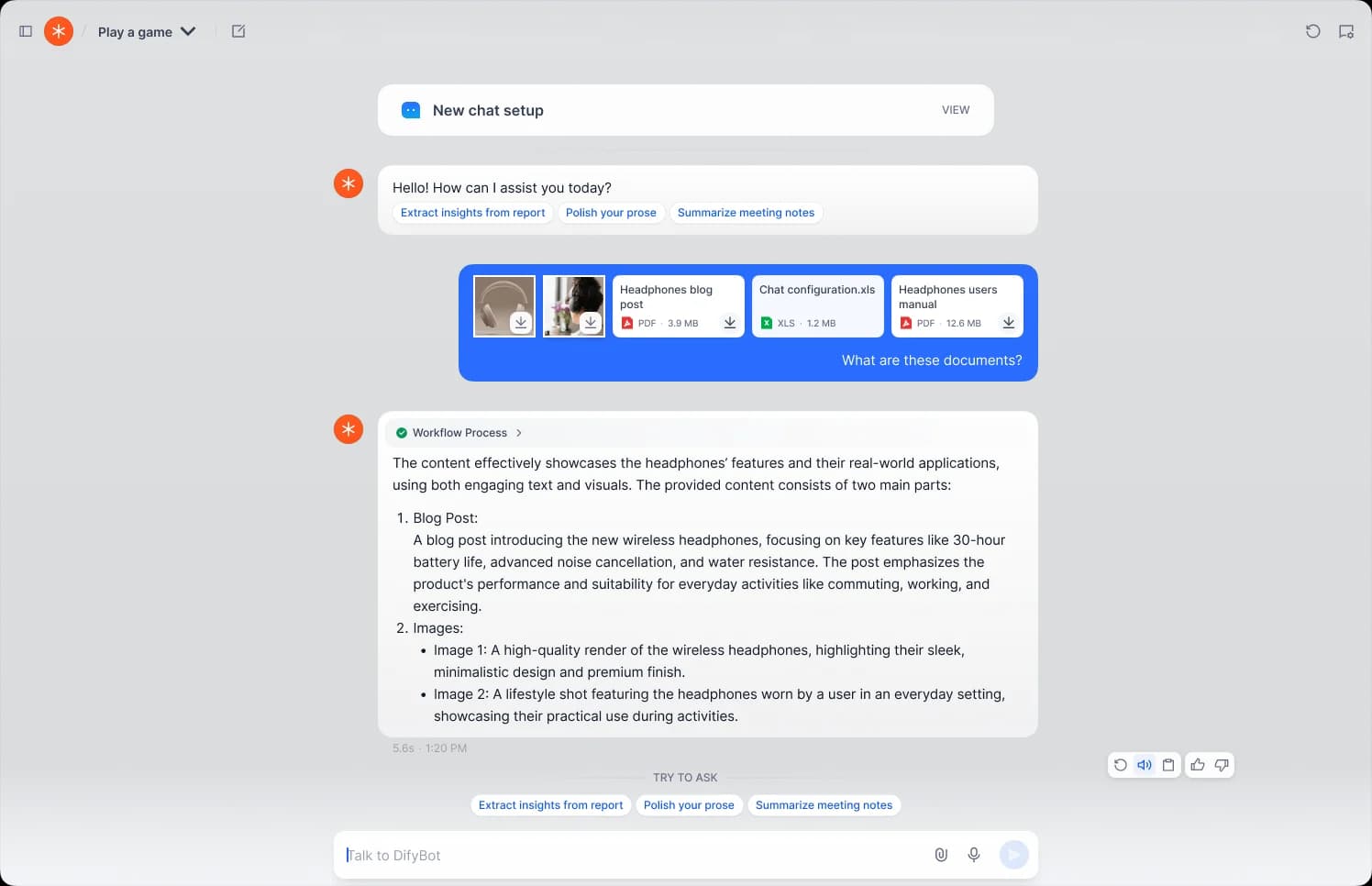 Dify workspace showing a chat interface processing uploaded documents and generating a workflow process summary with a clean, minimalist design.