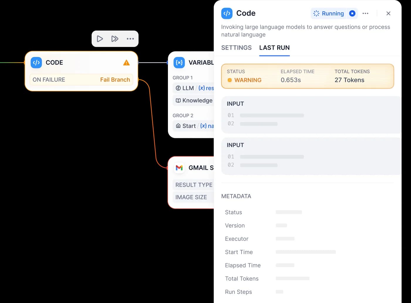 Dify workflow editor showing a 'Code' block with a warning status and a 'Fail Branch' path, displaying run metrics in a dark-themed detail panel.