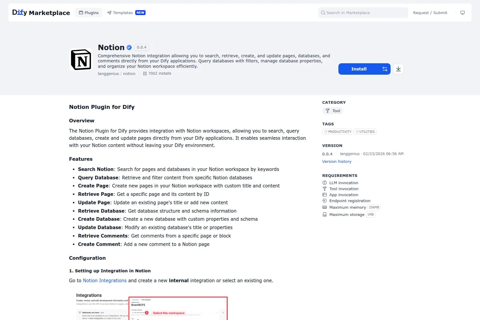 Dify Marketplace Notion Plugin listing showing overview, features, requirements, and configuration in a clean light-theme interface.