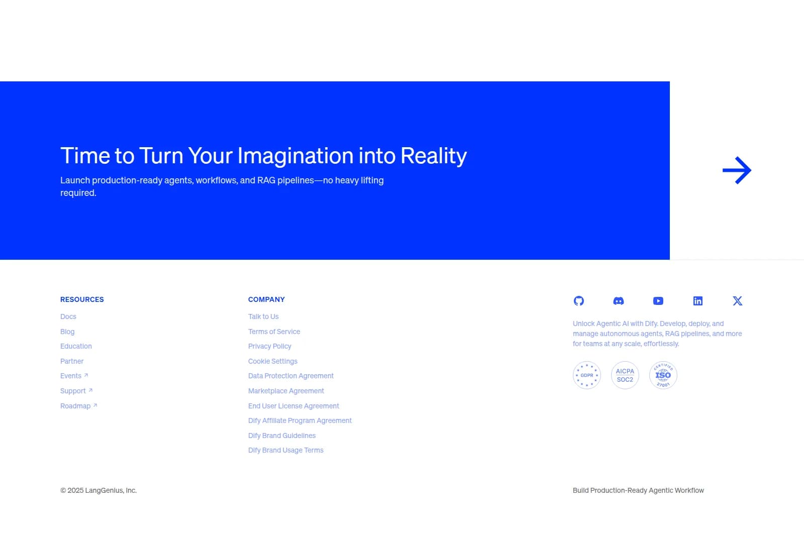 Dify landing page hero section featuring a blue banner promoting AI agents, workflows, and RAG pipelines for turning imagination into reality.