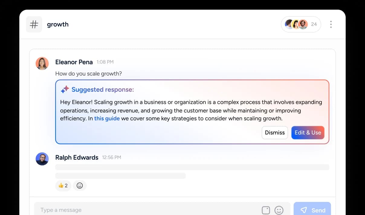 Disco workspace-ui showing an AI-suggested response to a user's question in a clean chat interface.