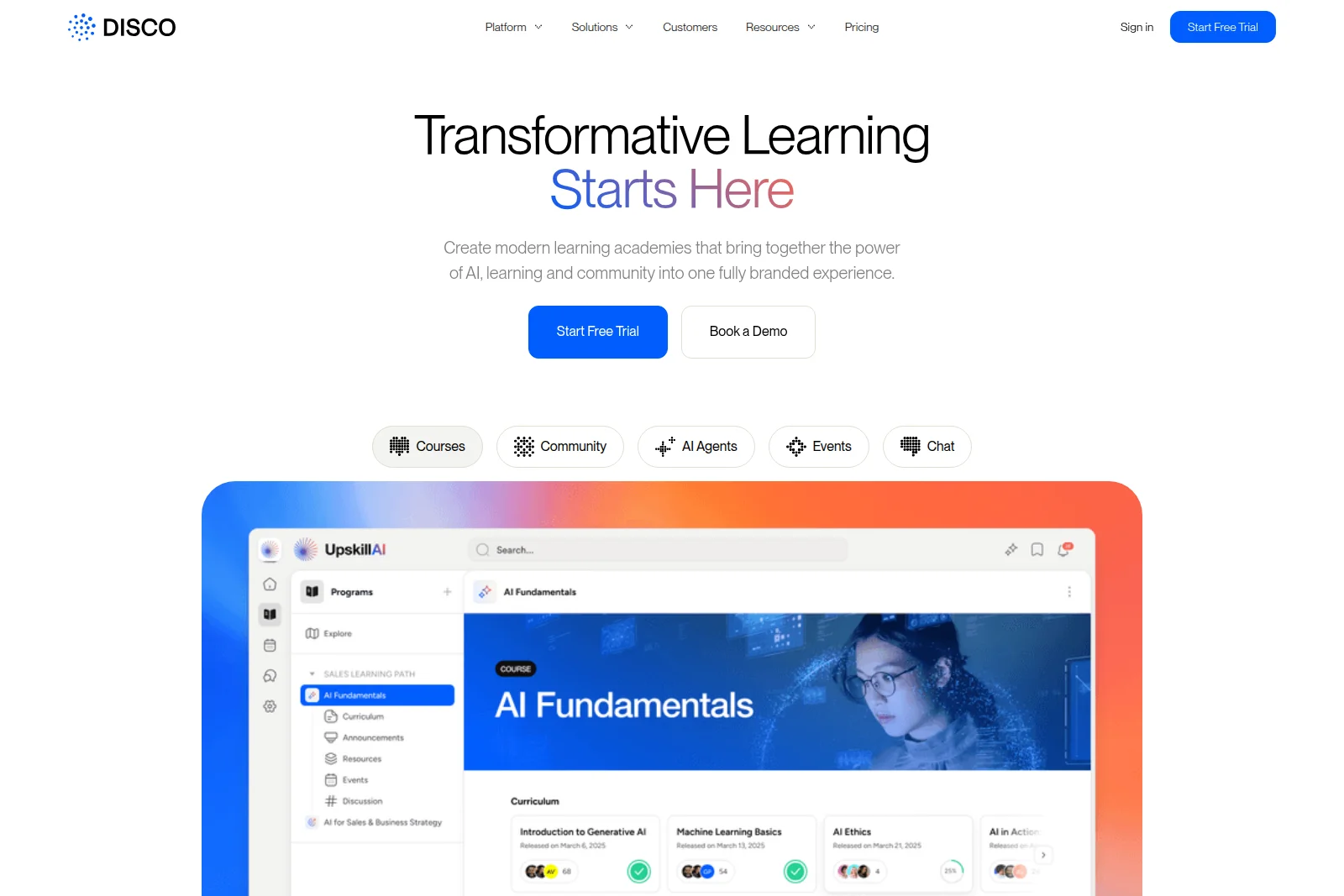 Disco learning platform UI, named UpskillAI, showing 'AI Fundamentals' course content and curriculum in a modern, clean interface.