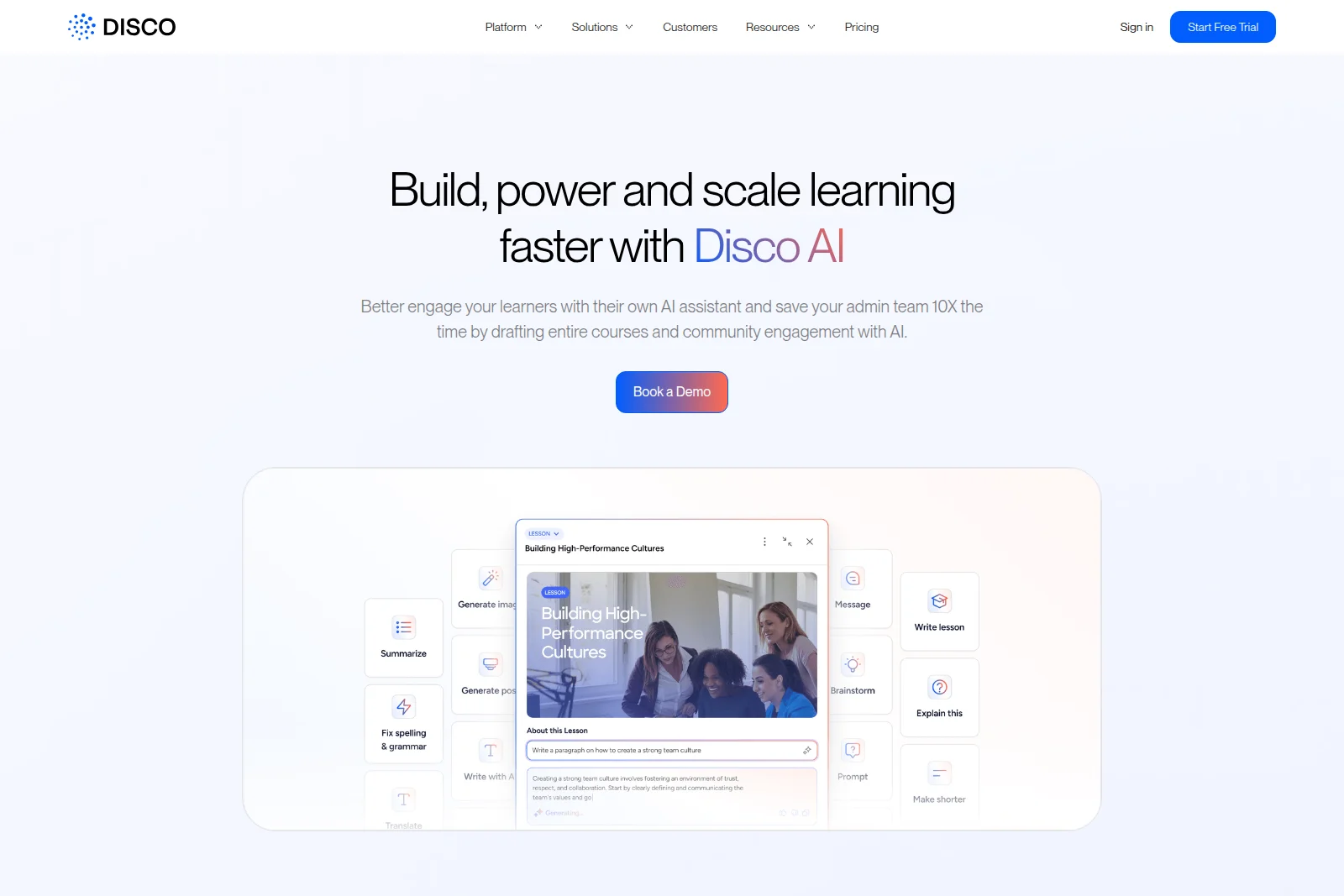 Disco AI workspace displaying various AI features for creating and managing learning content within a lesson editor, featuring a clean, modern interface.