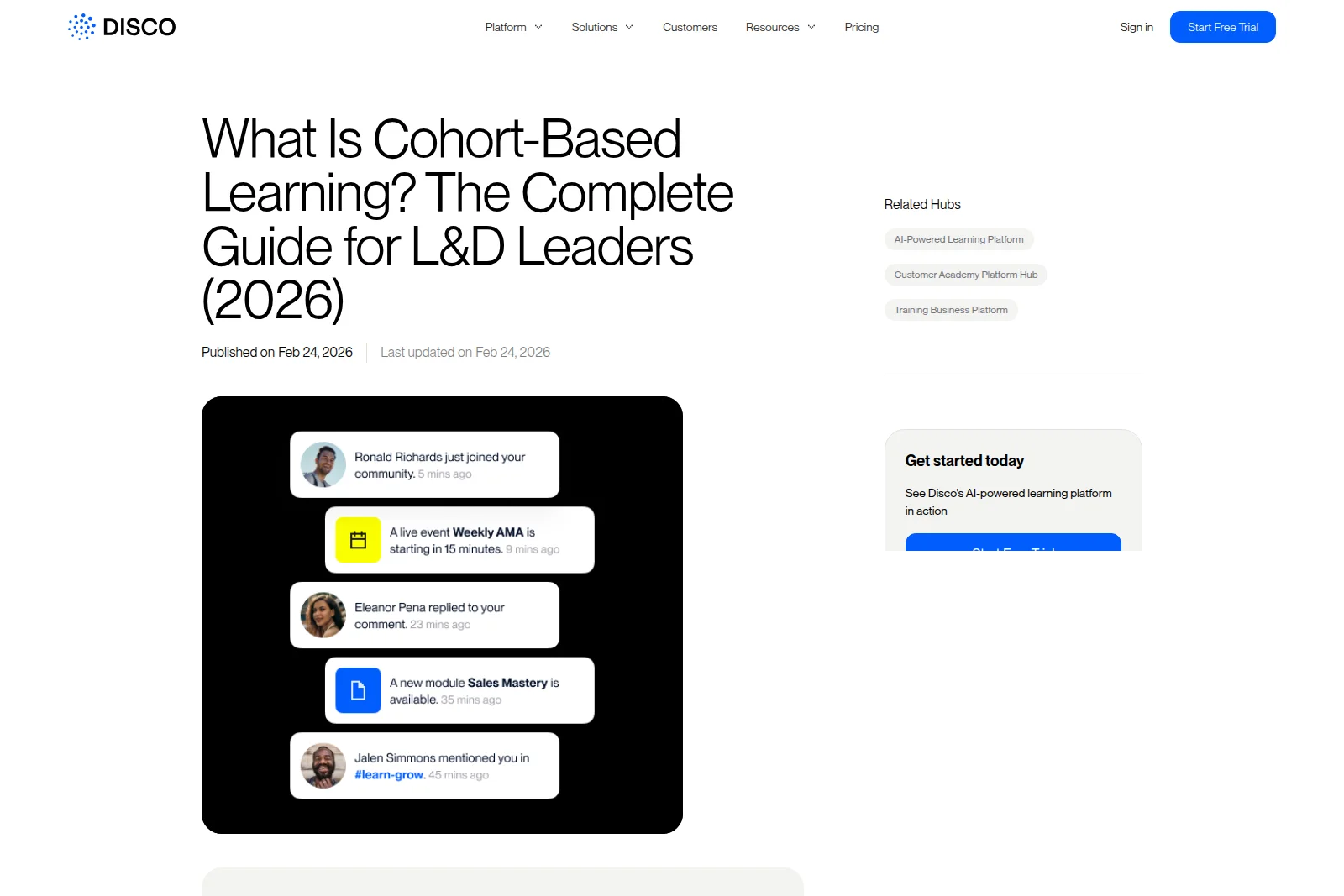 Disco social cohort-based learning platform showing real-time community notifications and updates within a clean, modern interface.