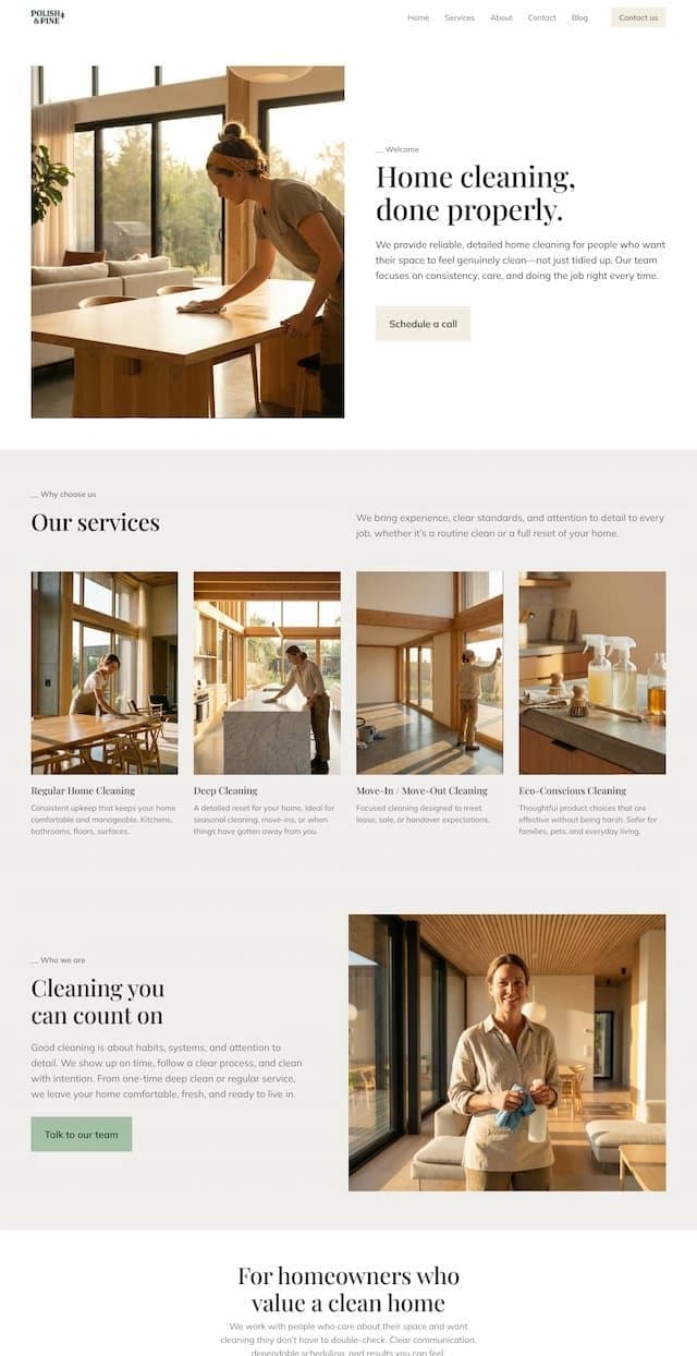 Durable homepage for cleaning services showing a professional cleaner wiping a dining table in a bright, modern living space, conveying reliability and attention to detail.